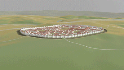 animation fly-over 3D render of roman city fortification of Lugo Spain